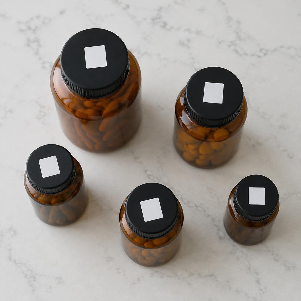 Placeholder photo of medication containers with square lid labels